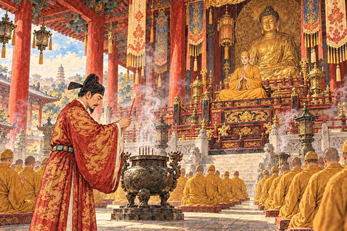 Emperor Taizong held a great mass to free lost souls. His ministers chose the monk Xuanzang, son of Chen Guangrui, to lead it, and twelve hundred monks chanted at Huasheng Temple in Chang'an.