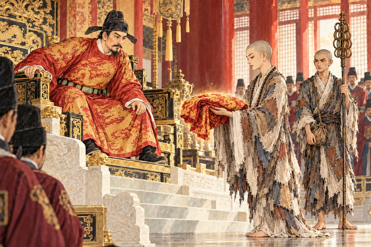 Guanyin, disguised as a scabby, barefoot monk, came to court with the disciple Muzha to sell a glowing kasaya and a nine-ringed staff. Learning they were meant for Xuanzang, Guanyin gave both as a gift and refused payment.