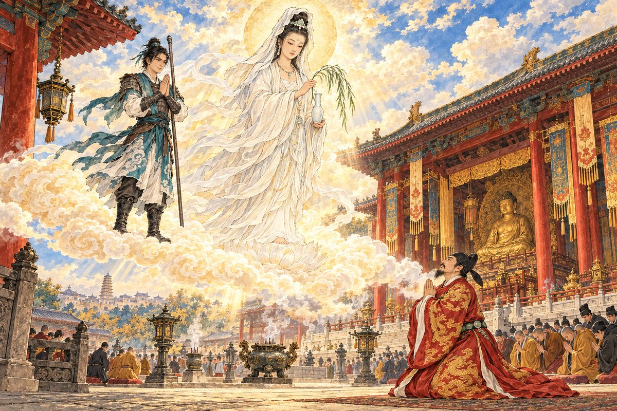 On the seventh day the disguised Guanyin challenged Xuanzang's teaching, then rose into the clouds in true form. A note drifted down saying the Mahayana scriptures waited in the far west, one hundred and eight thousand li away.