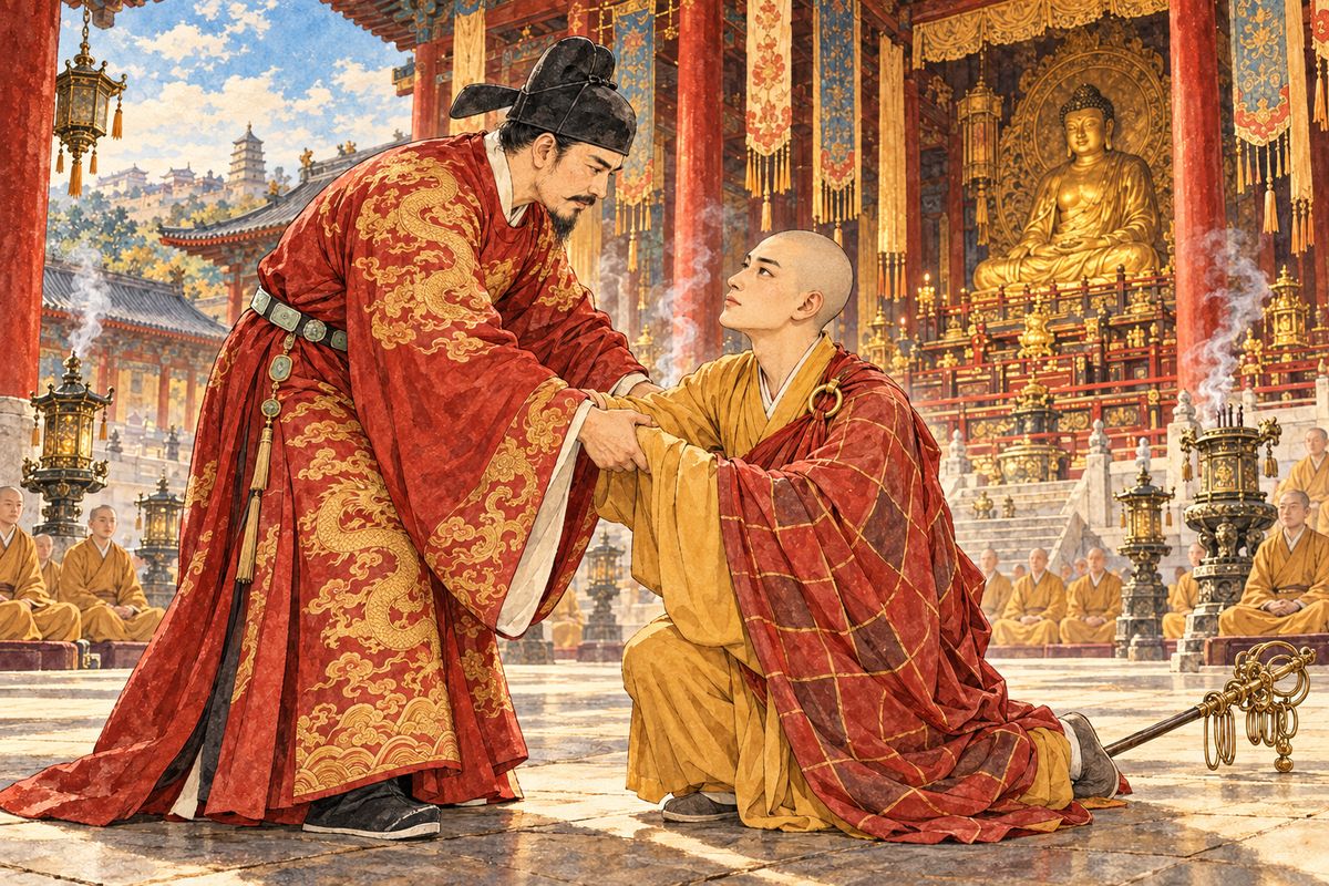 Taizong asked who would fetch these scriptures. Xuanzang stepped forward and vowed to reach the West or die trying. Delighted, the emperor bowed to him before the Buddha and named him his sworn brother.