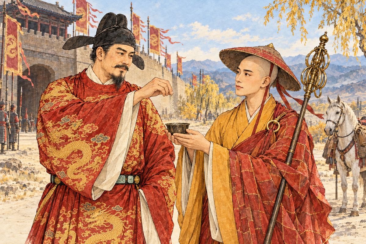 At the farewell, Taizong named him Tripitaka after the three baskets of scripture and dropped a pinch of home soil into his wine. Tripitaka drank it, said goodbye, and set off west beyond the pass.