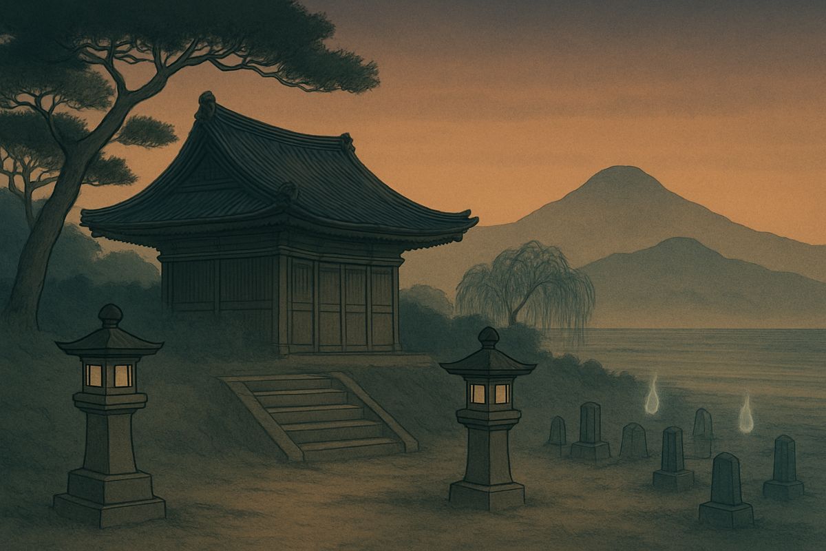 On dark nights, ghostly fires the fishermen called Oni-bi flitted above the waves. To calm the restless dead, the temple of Amidaji was built at Akamagaséki, with a cemetery of Heiké tombs close beside the beach.