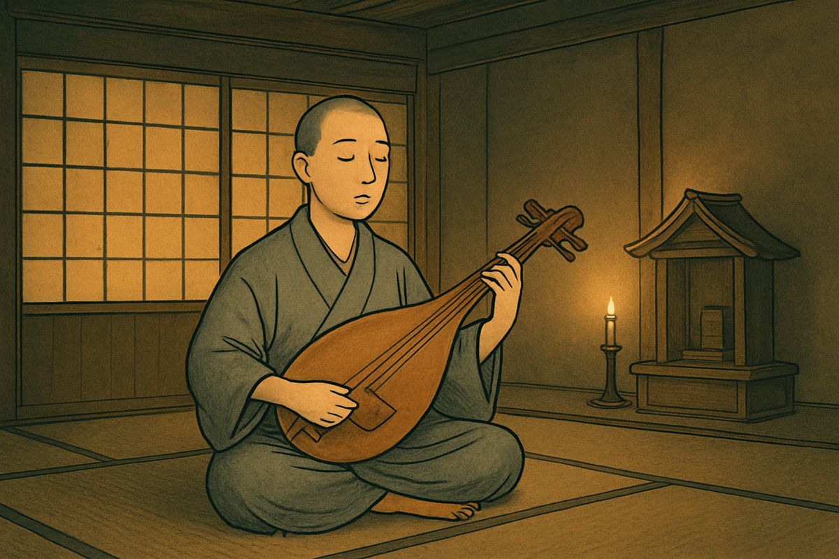 Some centuries ago there lived at Akamagaséki a blind young man named Hōïchi. So wonderfully did he sing the story of Dan-no-ura upon his biwa that, it was said, even the goblins could not keep from weeping.