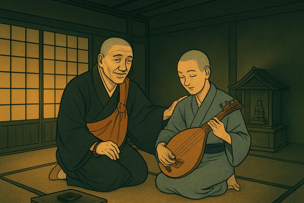 The kindly priest of the Amidaji loved music, and he invited the poor young singer to make the temple his home. In return, Hōïchi had only to play for his friend on certain evenings.