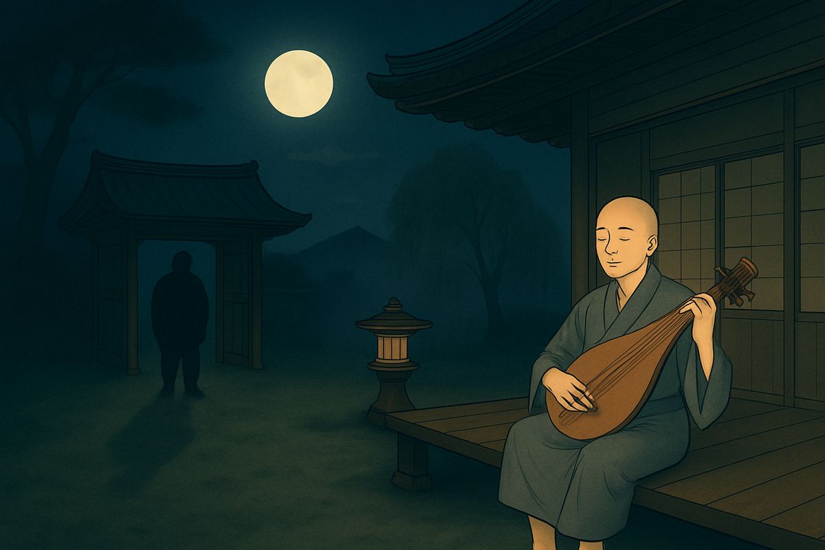 One hot summer night the priest was called away, leaving Hōïchi alone. The blind man sat on the verandah practising his biwa. Midnight passed. Then he heard footsteps cross the garden from the back gate.