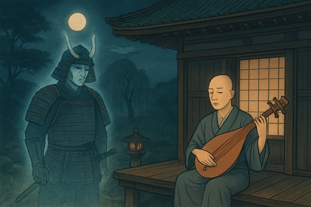 A deep voice called his name, harsh as a command. "Hōïchi!" Startled, the blind man answered, "Hai! I am blind—I cannot know who calls!"