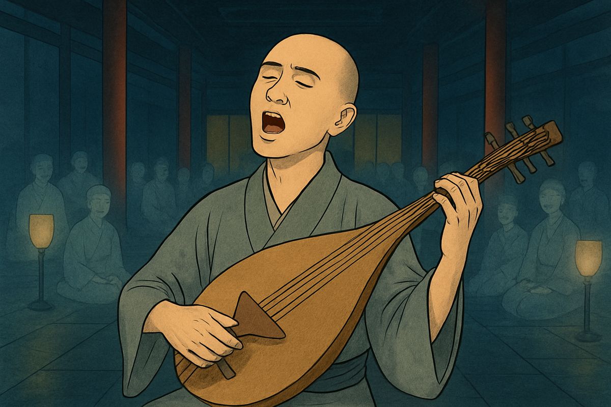 Hōïchi chanted the fight on the bitter sea, his biwa sounding like straining oars, hissing arrows and crashing steel. All around him, voices whispered, "Not in all the empire is there another singer like Hōïchi!"