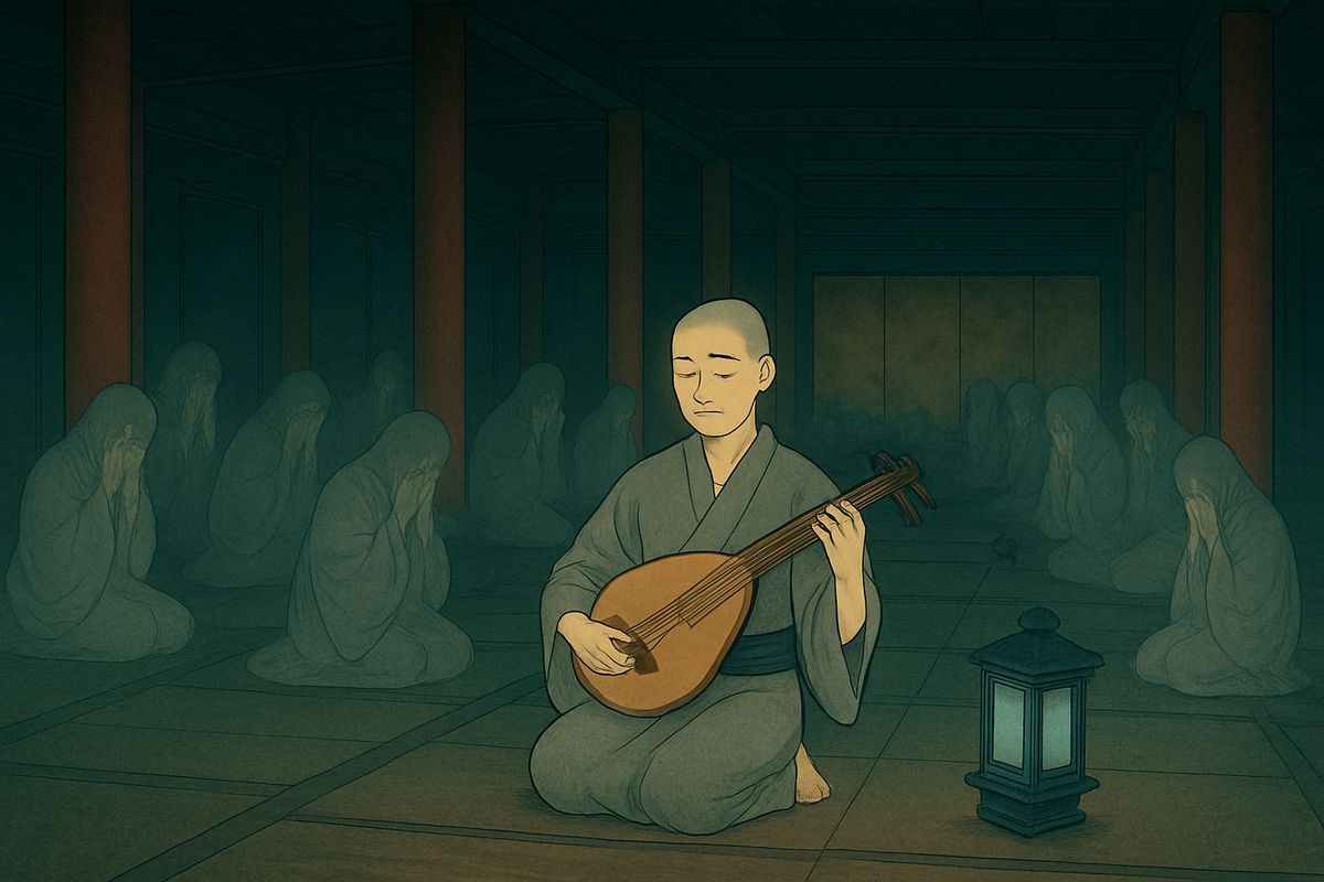 But when he sang of the drowning of the women and children, and the infant emperor in Nii-no-Ama's arms, the whole assembly wailed so wildly that the blind man grew afraid of the grief he had stirred.