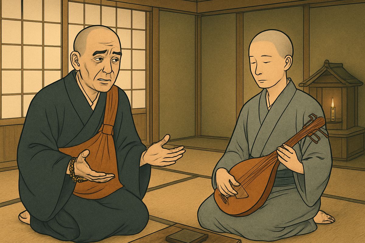 The samurai brought Hōïchi home near dawn, and the next night came for him again. But this time his absence was noticed. "Where have you been, friend?" asked the worried priest. Hōïchi only answered, "Some private business."