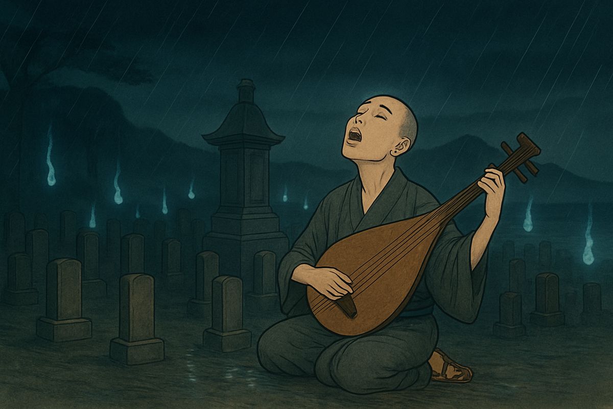 Returning by the shore, they heard a biwa furiously played in the cemetery. There sat Hōïchi alone in the rain before the tomb of Antoku Tennō, while the fires of the dead burned all around him like candles.