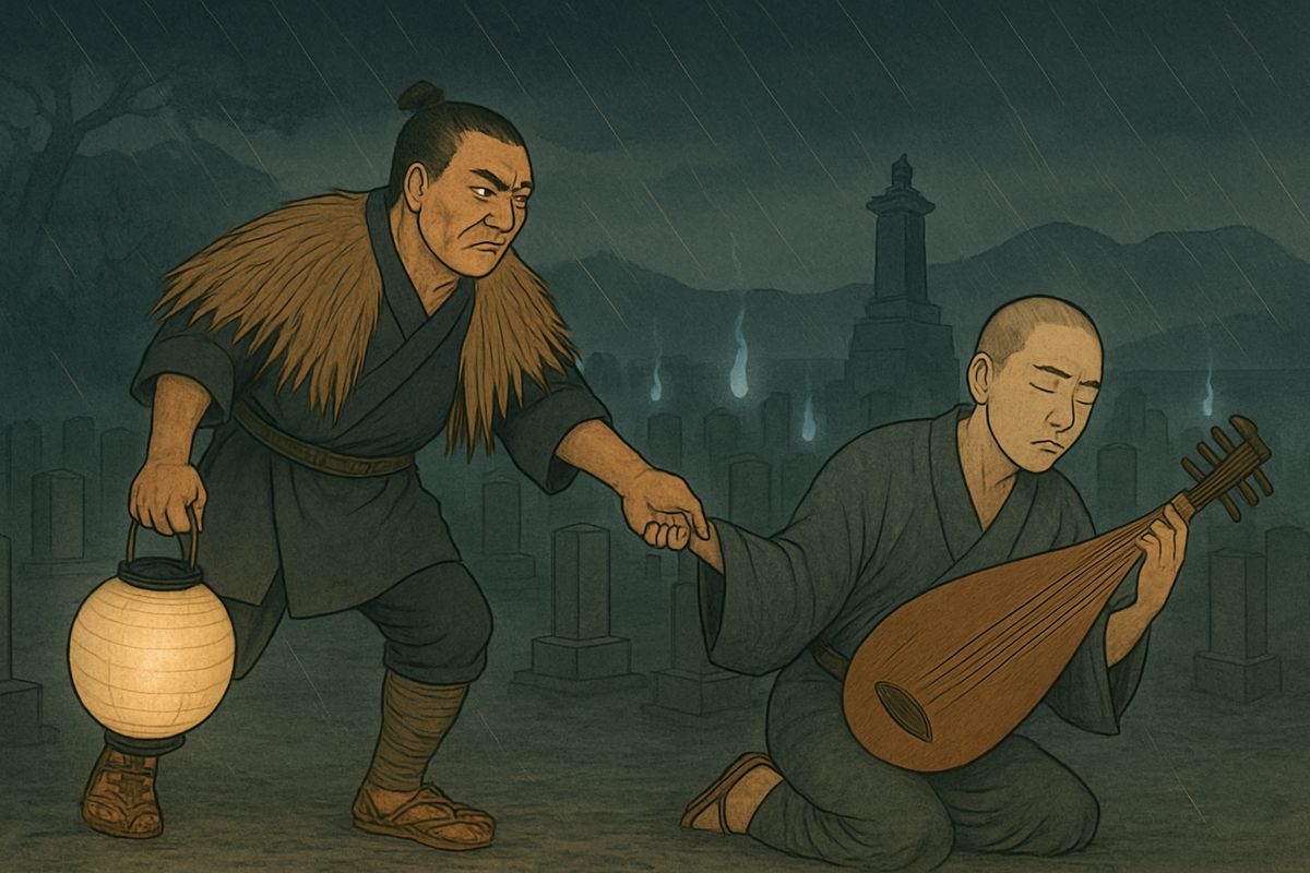 "Hōïchi San! You are bewitched!" the servants cried, shaking him. But he answered sternly, "To interrupt me before this august assembly will not be tolerated." So they dragged him home by force.