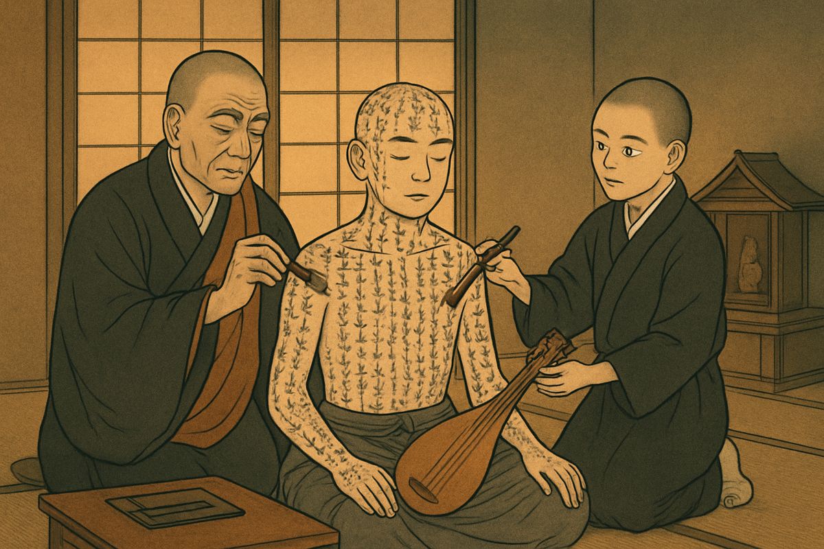 Before sundown, the priest and his acolyte took their brushes and wrote the holy Hannya-Shin-Kyō sutra all over Hōïchi's body—his chest and back, his head and face, even the soles of his feet.