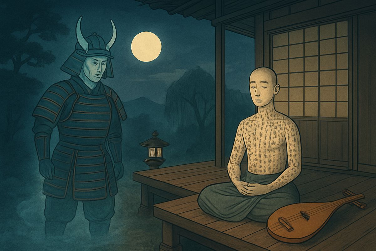 After dark Hōïchi sat alone on the verandah, his biwa laid beside him. He sat still as a stone for hours. Then came the footsteps, across the garden, and the deep voice: "Hōïchi! Hōïchi! HŌÏCHI!"