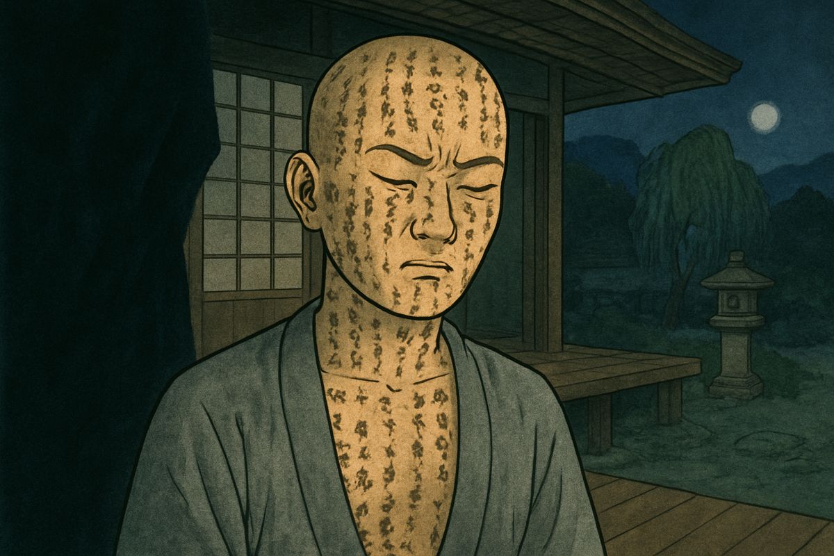 "No answer! That won't do," grumbled the voice. Heavy feet mounted the verandah and halted beside him. For long minutes there was dead silence, while Hōïchi's heart pounded in his chest.