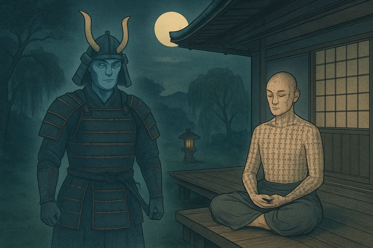 Fingers of iron gripped his ears and tore them away. Great as the pain was, Hōïchi made no cry. The heavy footsteps faded into the night, and still he dared not lift his hands.