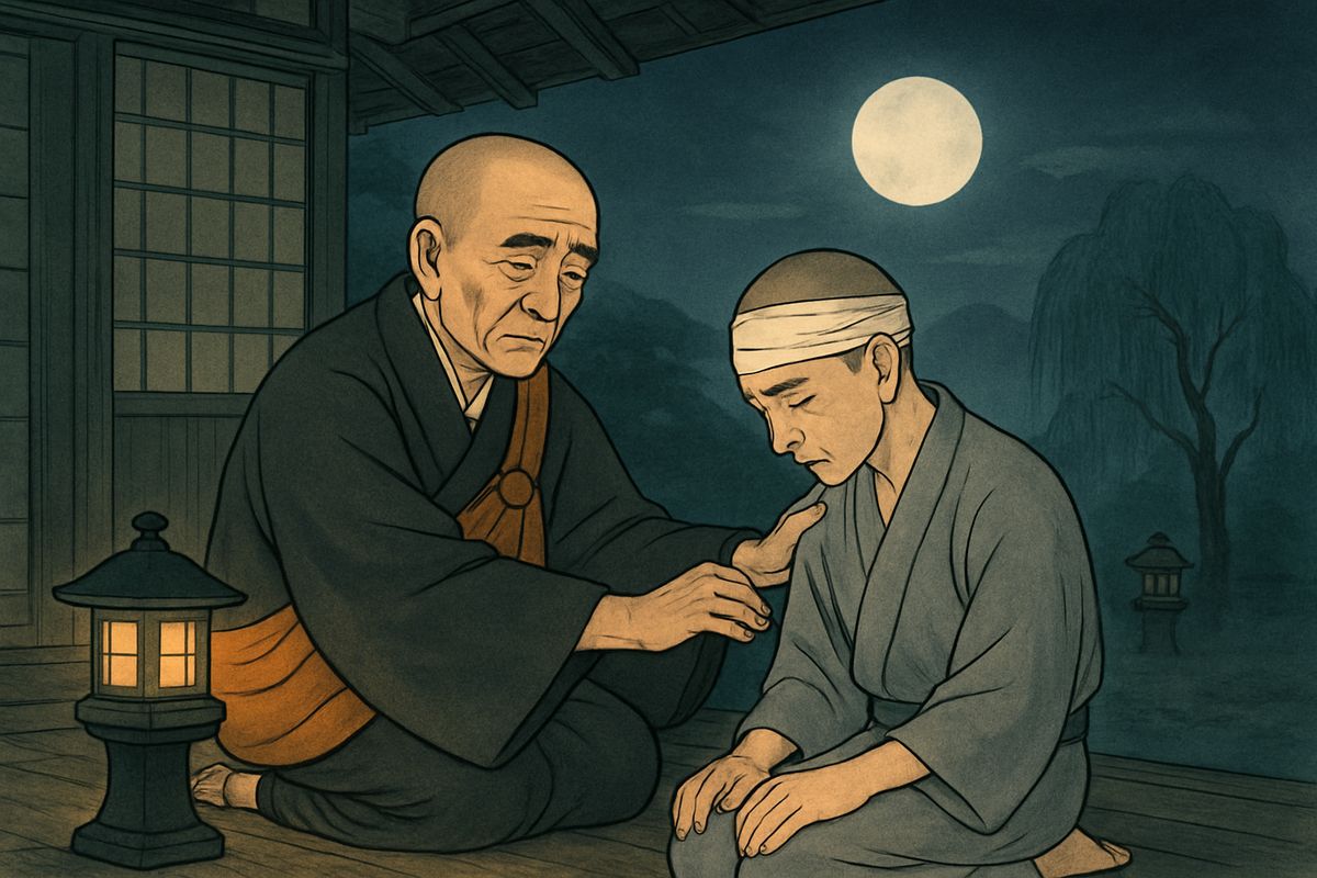 Before sunrise the priest came hurrying back and found Hōïchi still sitting there, hurt. At his friend's voice the blind man sobbed out his story. "All my fault!" cried the priest. "The acolyte forgot to write on your ears!"