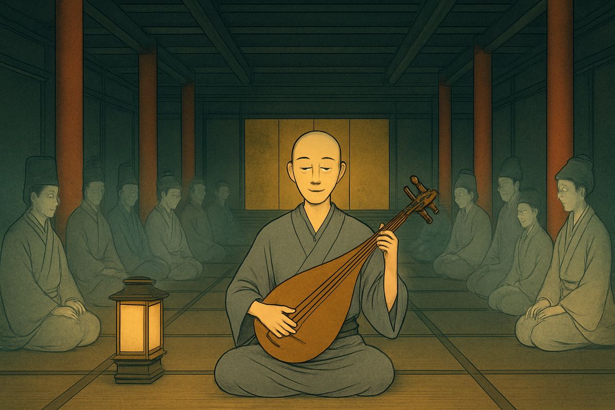 With a good doctor's help Hōïchi soon recovered. His strange tale spread far and wide; nobles came to hear him sing, and he grew wealthy. But ever after he was known as Mimi-nashi-Hōïchi: Hōïchi-the-Earless.
