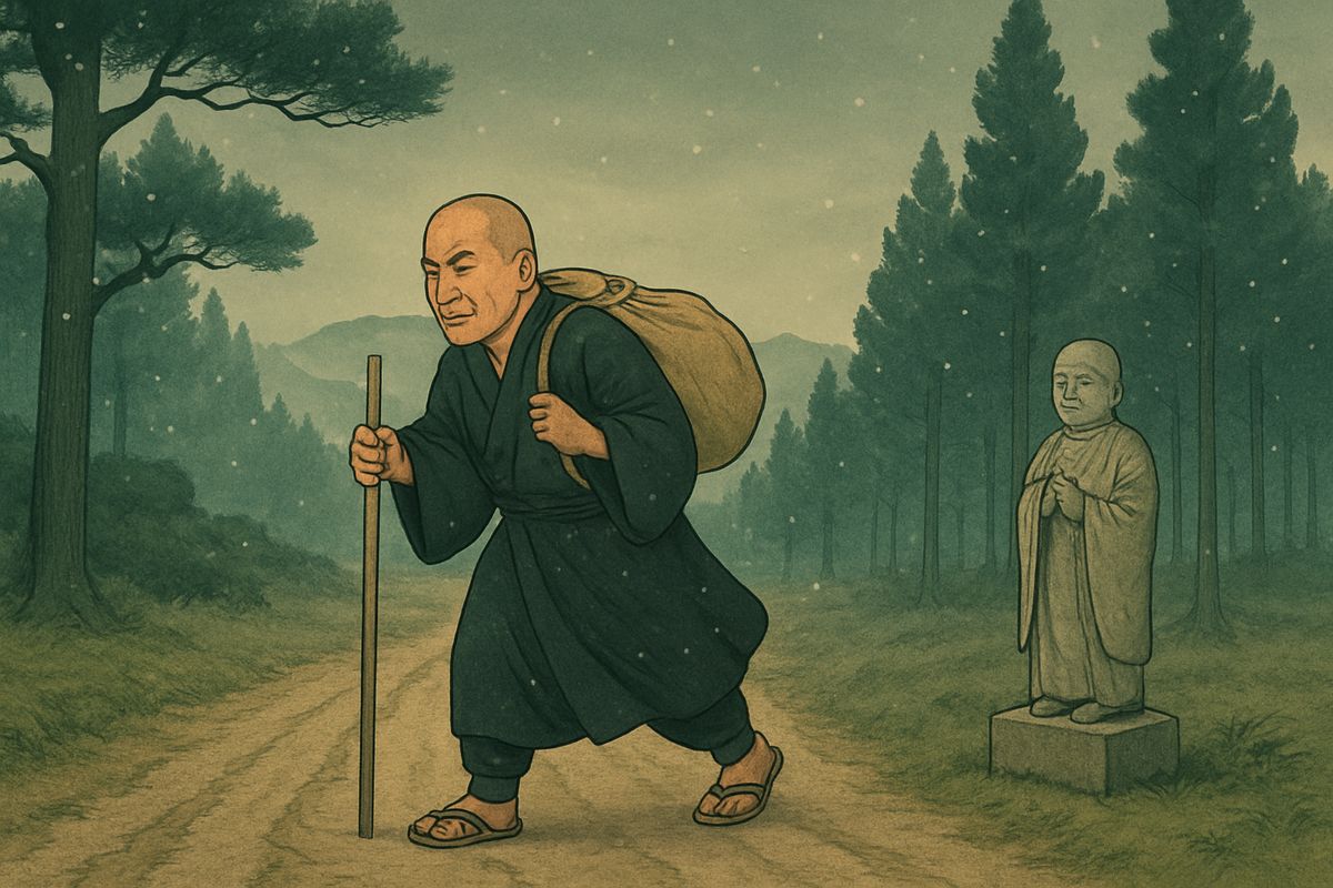 When the house of Kikuji fell, Isogai stayed loyal to his lost lord and would serve no other. He cut off his hair and became a traveling priest named Kwairyō, going boldly to places where no other priest dared to go.