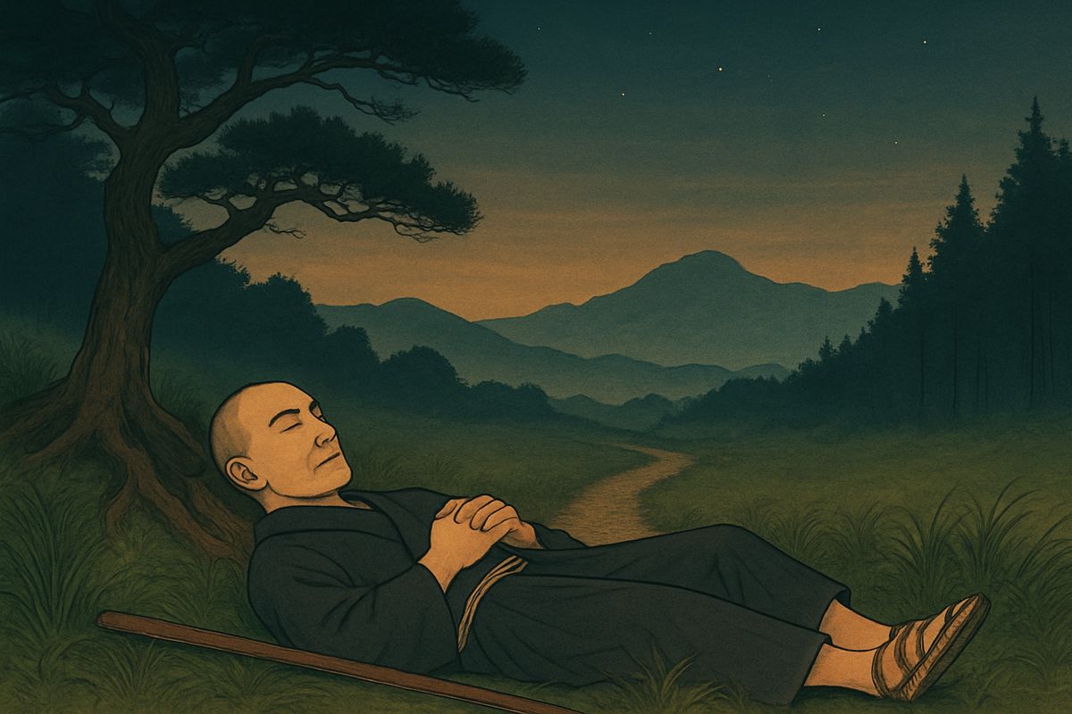 One evening in the lonely mountains of Kai, night overtook him far from any village. Kwairyō lay down happily on the grass beside the road. For him a rock was a good bed and a pine root an excellent pillow.