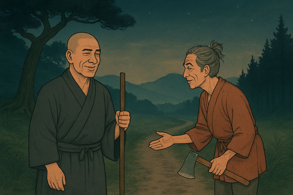 Kwairyō laughed and said he feared no goblins and loved lonely places. But the woodcutter begged him to come to his poor thatched hut, where at least there was a roof. Liking his kind tone, the priest agreed.