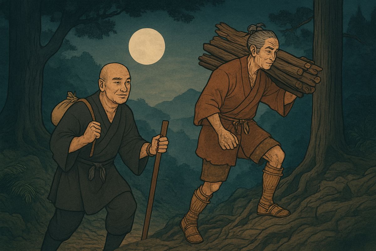 The woodcutter led him up a narrow, dangerous path through the forest. It ran along cliffs, over slippery roots and between jagged rocks, lit only by the light of the full moon.