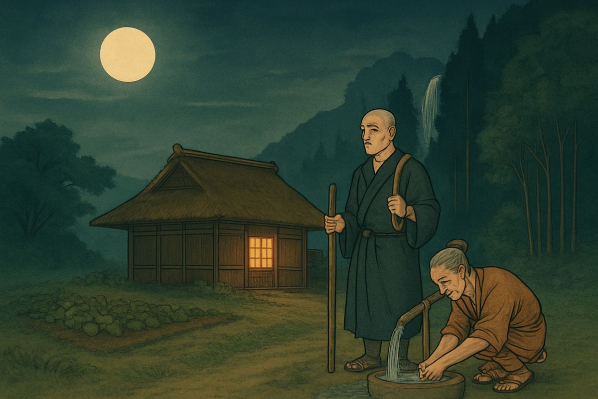 At the top of the hill stood a small thatched cottage, glowing with light. The two men washed their feet at a bamboo water pipe. Beyond the trees, a waterfall swayed in the moonlight like a long white robe.