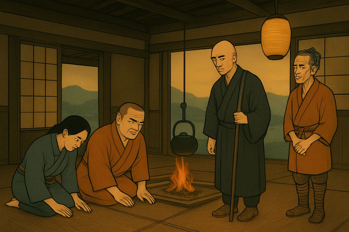 Inside, four men and women were warming their hands at the hearth. They bowed low and greeted the priest with perfect manners. “These are good people,” thought Kwairyō, “taught by someone who knows the rules of propriety.”