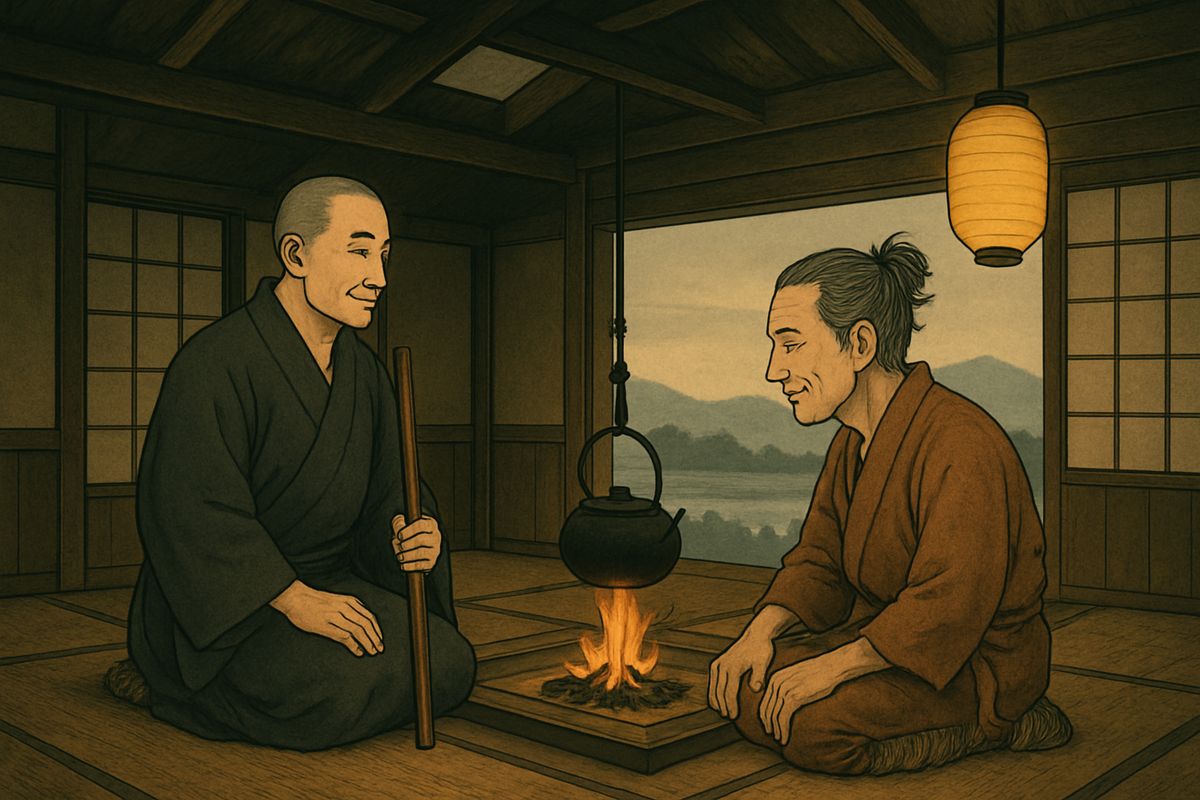 “You were not always a woodcutter,” said Kwairyō. The host smiled sadly. Once he had served a daimyō, he said, but his love of wine and women had ruined his lord's house and caused many deaths. Now he tried to atone.