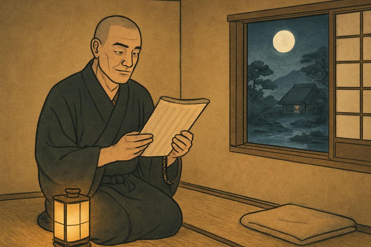 Kwairyō promised to recite the sutras for his host's sake. While the household slept, he read and prayed late into the night by lantern light. Then he opened the little window to look at the beautiful moonlit garden.