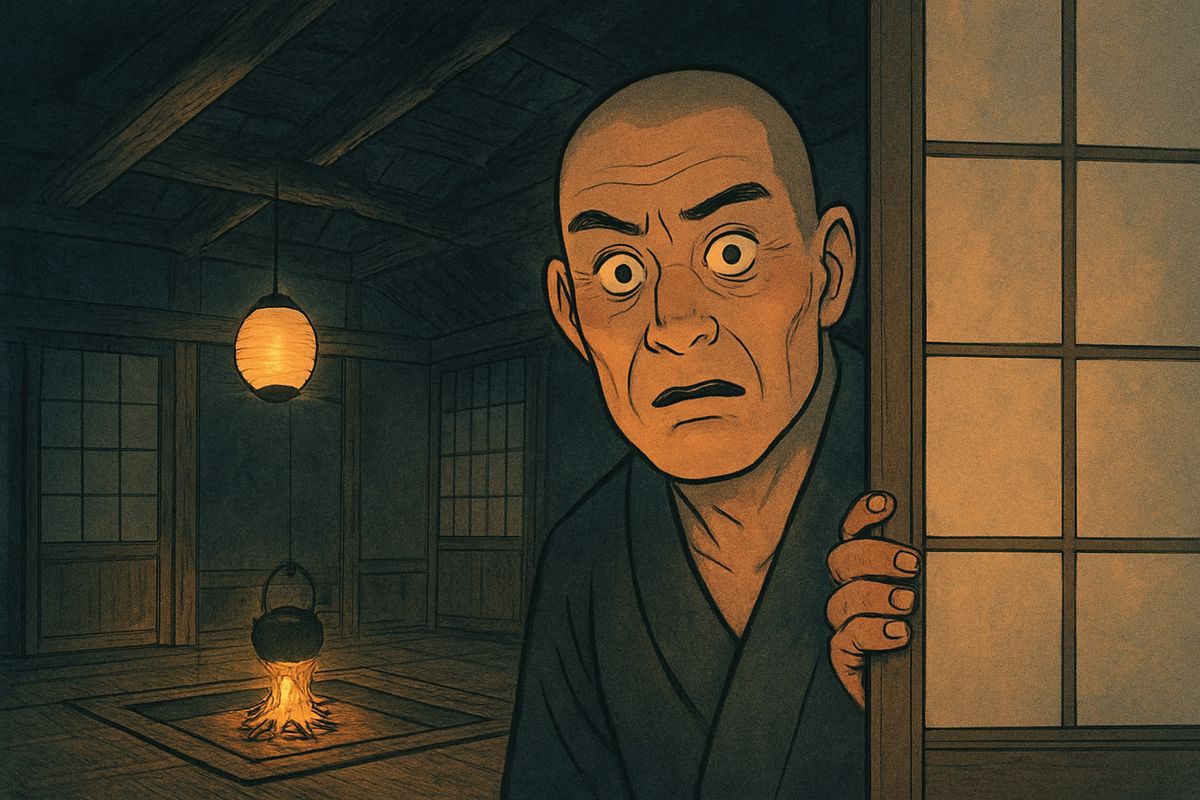 Feeling thirsty, he quietly slid open the screen to the main room to go and get a drink. By the lantern's light he saw the five sleepers lying there, and every one of them was without a head!