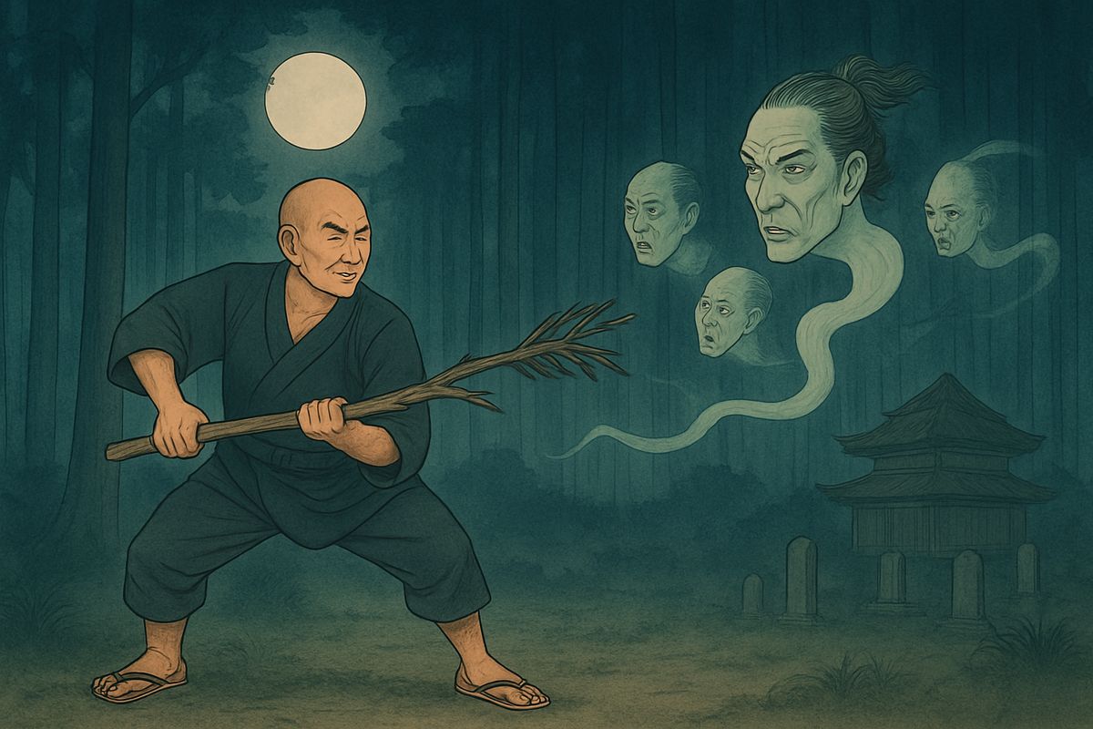 All five heads sprang at Kwairyō. But the strong priest had pulled up a young tree, and he swung it with tremendous blows. Four of the heads fled into the dark.