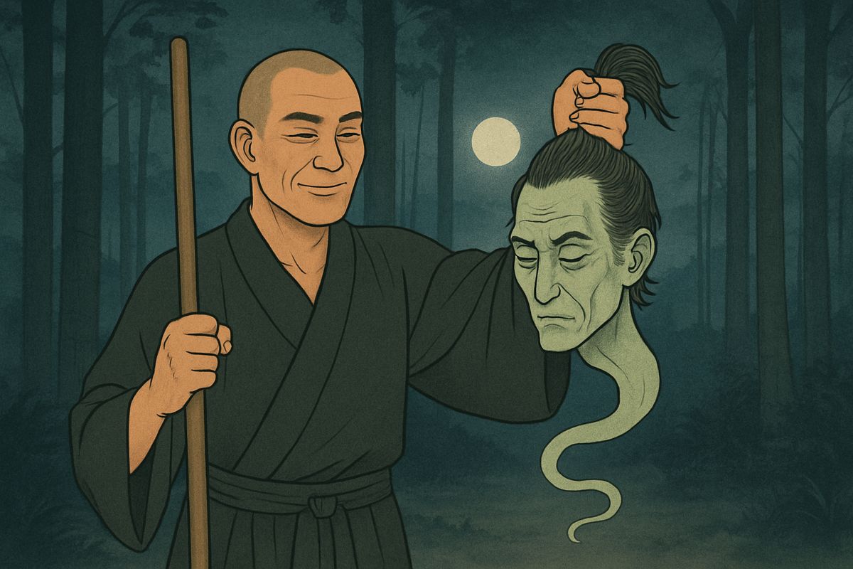 The host's head kept flying at him, and at last seized his left sleeve in its teeth. Kwairyō grabbed its topknot and struck it until it gave a long moan and was still. But its jaws would not let go.