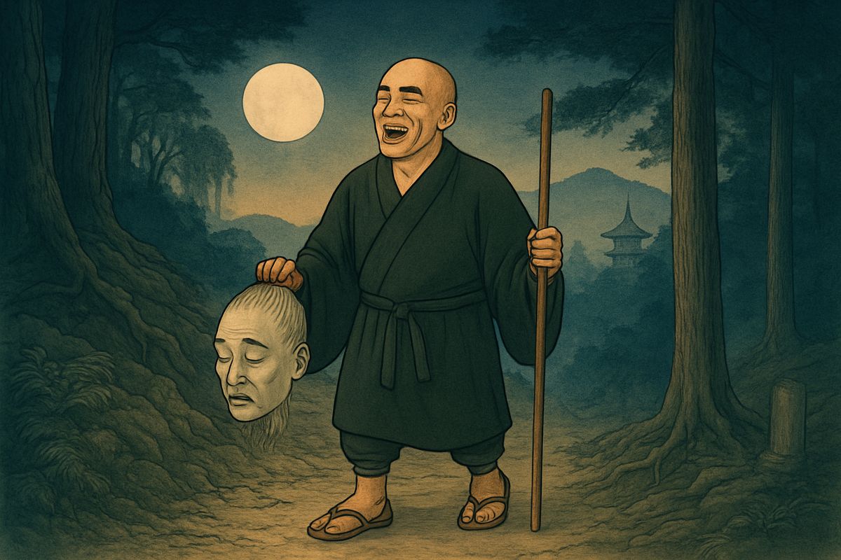The eastern sky brightened, and Kwairyō knew goblins had no power by day. Looking at the head on his sleeve, he laughed aloud. “What a souvenir! The head of a goblin!” Then he strolled down the mountain.