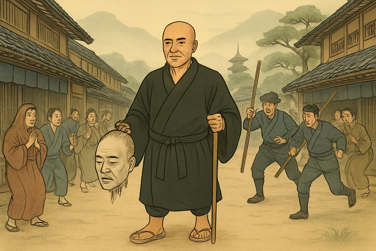 In the town of Suwa, he marched down the main street with the head dangling at his elbow. Women fainted and children ran screaming, until the police seized the priest and carried him off to jail.