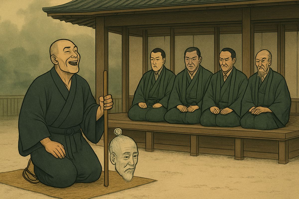 The magistrates demanded to know why a priest was parading a murdered man's head. Kwairyō laughed long and loud. “I did not fasten it to my sleeve. It fastened itself there! It is the head of a goblin.”