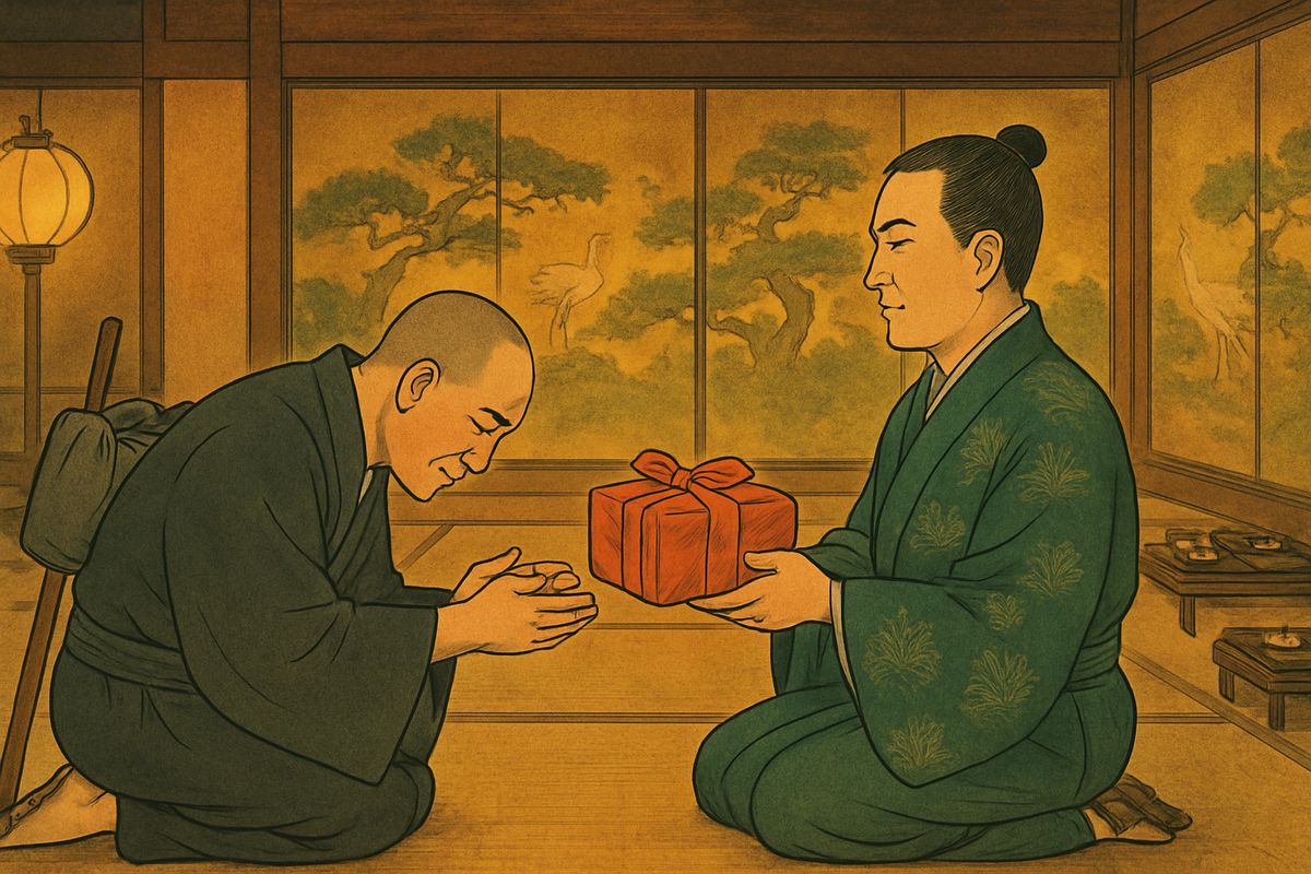 His judges became his friends. They took him with honour to the daimyō, who feasted him and gave him a handsome present. Kwairyō left Suwa as happy as a priest can be, still keeping the head as a souvenir.
