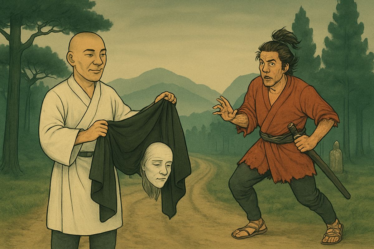 A few days later, a robber stopped Kwairyō on a lonely road and ordered him to strip. Kwairyō handed over his robe at once, and the robber jumped back when he saw what hung from its sleeve.