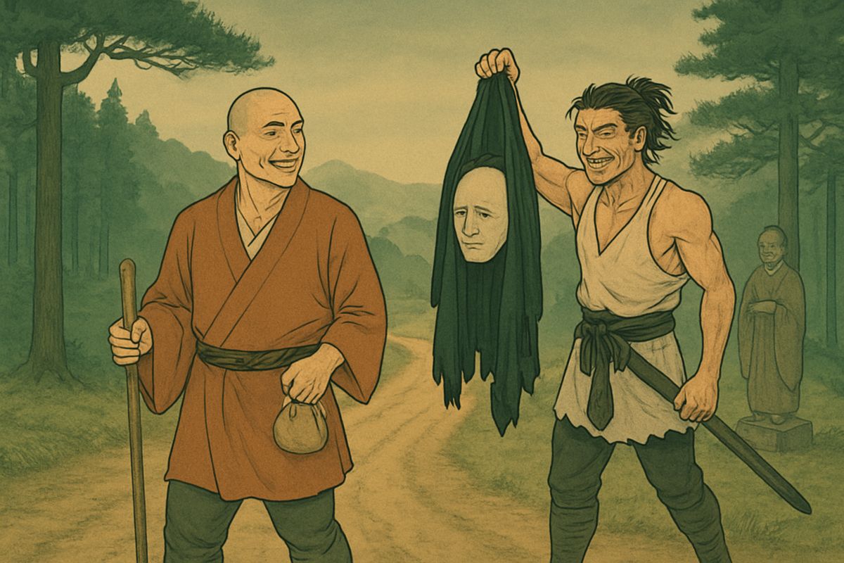 The robber admired him and offered five gold coins and his own robe for the head, to frighten people with. “It is truly a goblin's head,” warned Kwairyō. Then he took the money and went on his way, laughing.