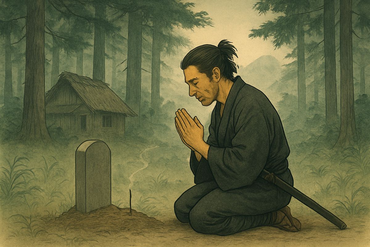 Near Suwa the robber heard the true story and grew afraid of the goblin's spirit. He carried the head back to the empty cottage in Kai, buried it in the grove and set up a tombstone, which, the storytellers say, stands there still.
