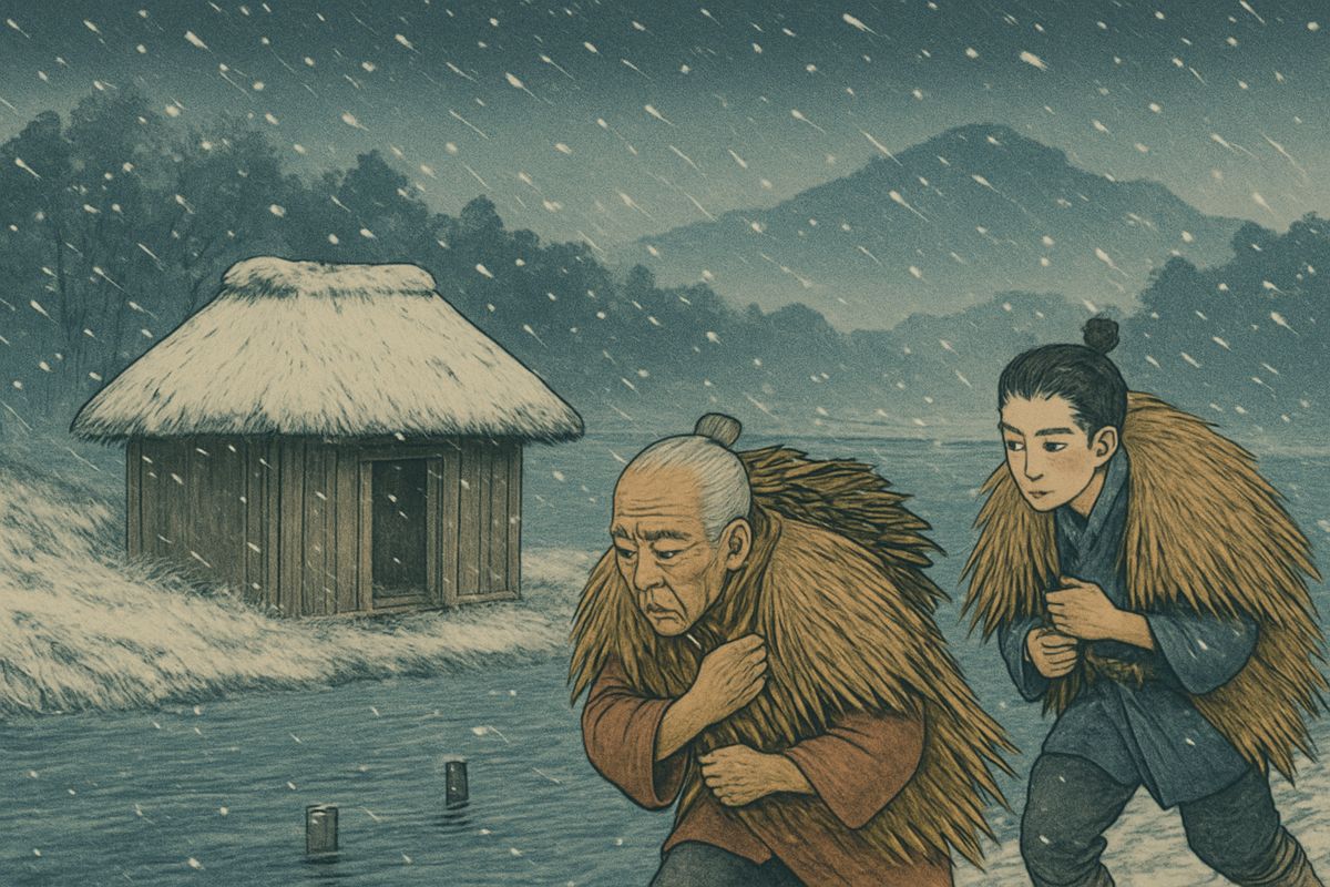One bitter evening a great snowstorm overtook them on the way home. The boatman had gone, leaving his boat on the far bank, so the two took shelter in his tiny hut, which had no fire and no window.