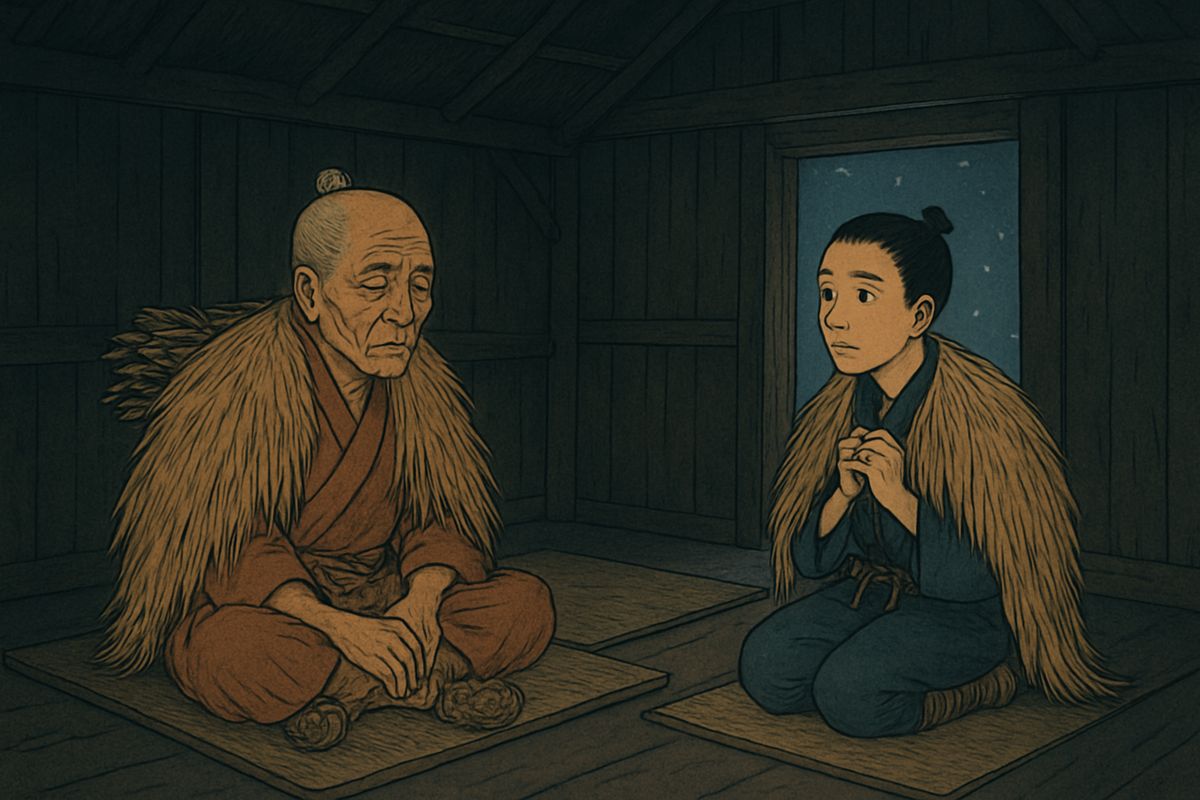 The old man fell asleep almost at once. But Minokichi lay awake a long time under his straw coat, listening to the howling wind and the roaring river while the hut creaked like a junk at sea.