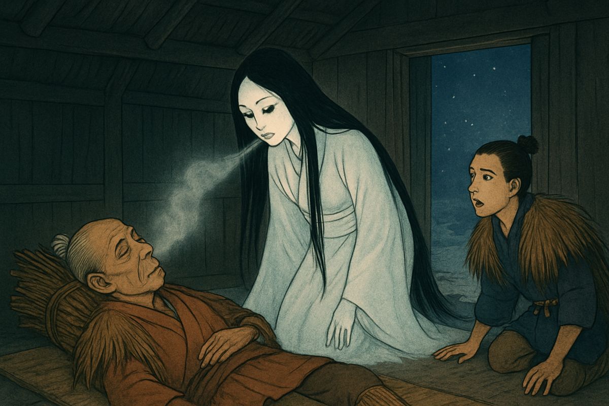 He woke to snow blowing in his face. The door stood open, and by the snow-light he saw a woman all in white bending over Mosaku, breathing on him a breath like bright white smoke.