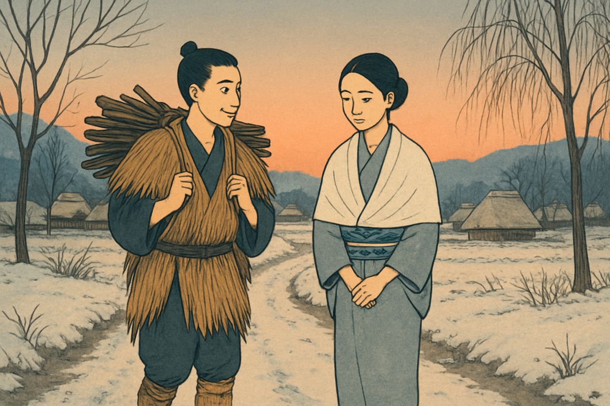 One winter evening the next year, on his way home, Minokichi met a tall, slim girl with a voice like a song-bird. Her name was O-Yuki; she was orphaned and going to Yedo to find work. As they walked, their eyes said as much as words.