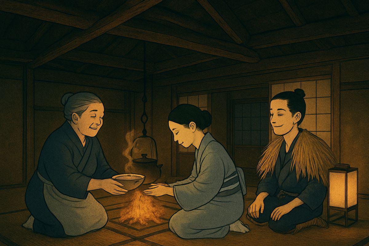 Minokichi invited her to rest at his house, and his mother welcomed her with a warm meal. O-Yuki behaved so nicely that the mother begged her to stay. She never went to Yedo at all, and became Minokichi's wife.
