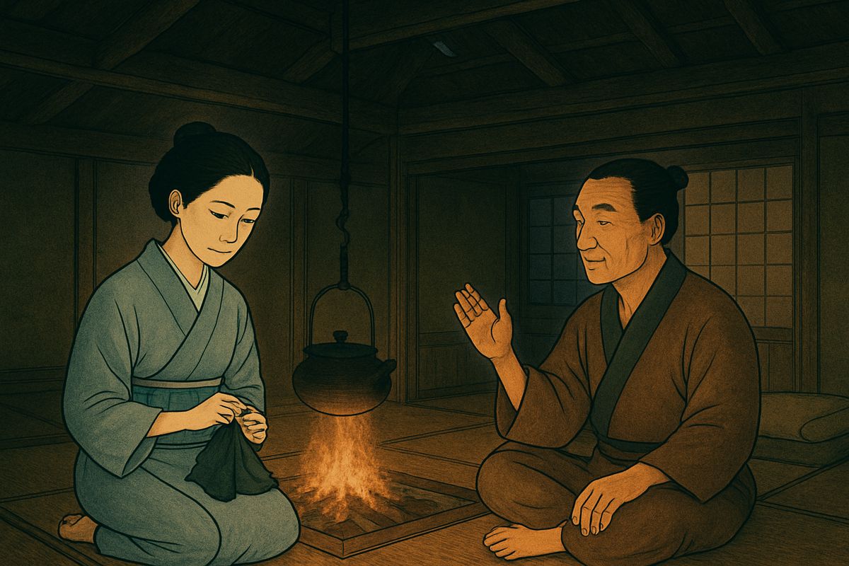 One night, while the children slept, O-Yuki sat sewing by a paper lamp. Watching her, Minokichi at last told her of the night in the ferryman's hut and the beautiful White Woman. "Indeed, she was very like you."