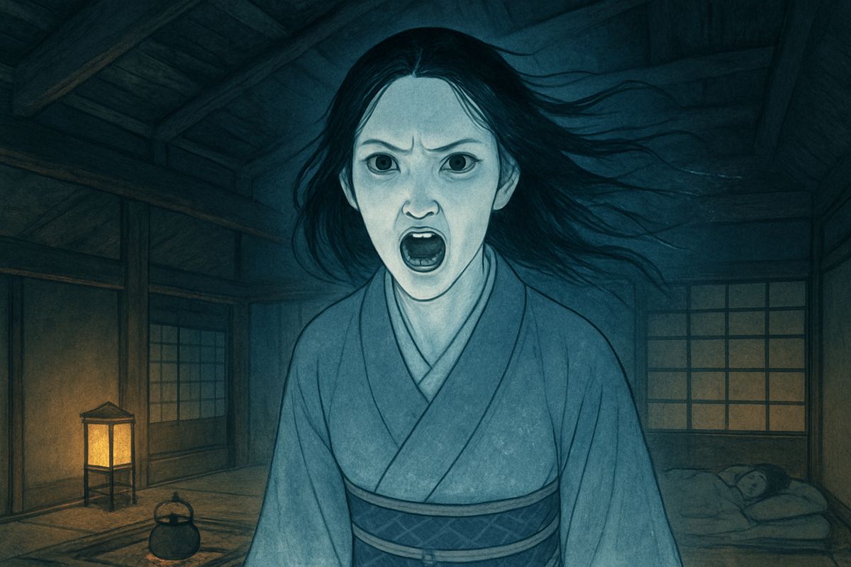 O-Yuki flung down her sewing and rose over him, shrieking into his face. "It was I—Yuki it was! But for those children asleep there, I would kill you this moment! Take very, very good care of them!"