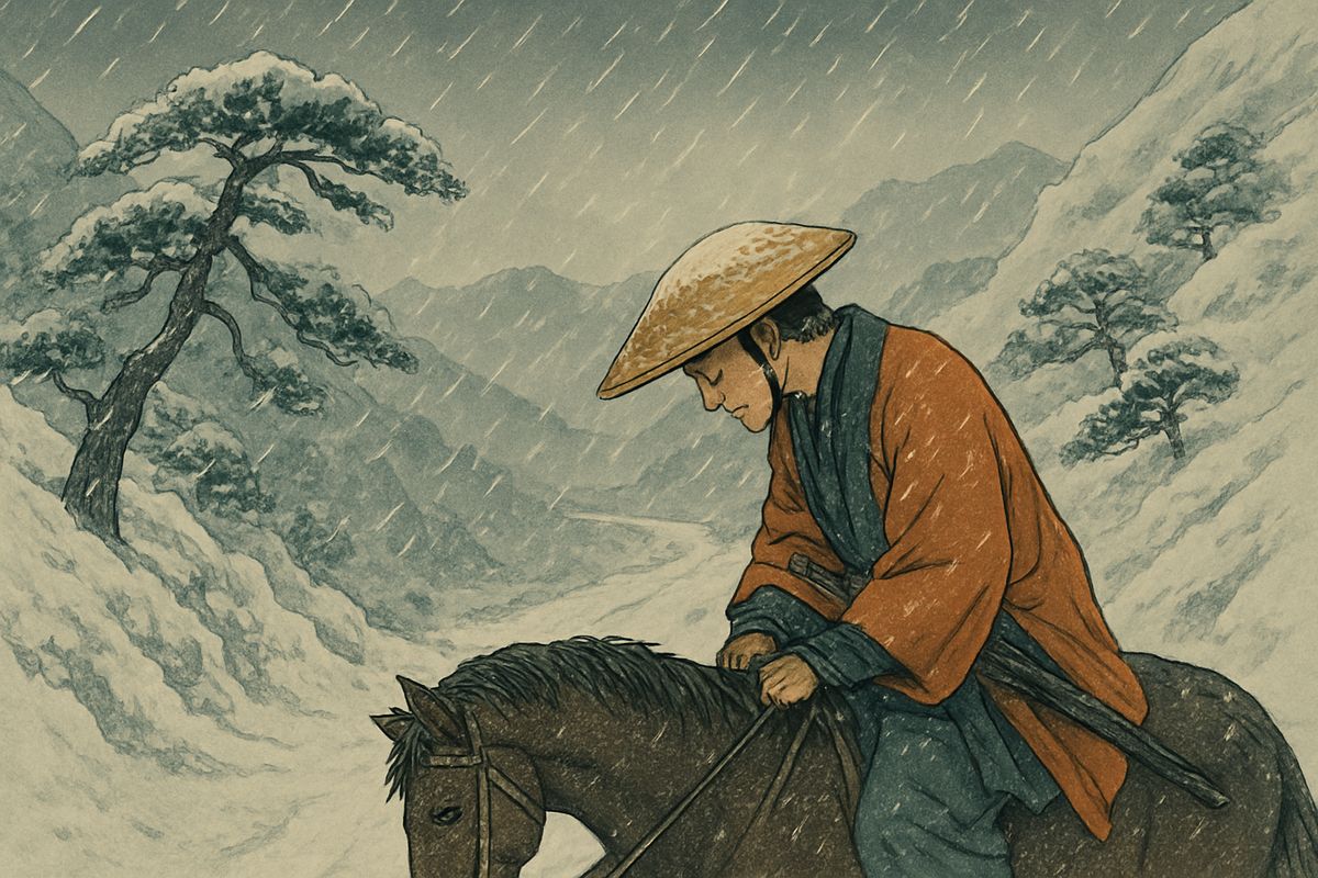 It was the coldest time of the year. On the second day a fierce snowstorm struck the lonely mountains. The wind cut like a blade, and his tired horse could barely go on.