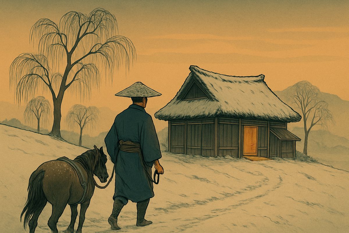 Just then Tomotada saw a thatched cottage on the top of a nearby hill, where willow trees were growing. With great effort he urged his horse up toward it.