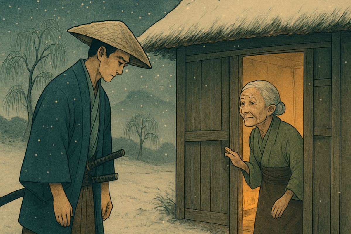An old woman opened the storm-doors and cried out in pity. “Ah, how pitiful! A young gentleman travelling alone in such weather! Deign, young master, to enter.”