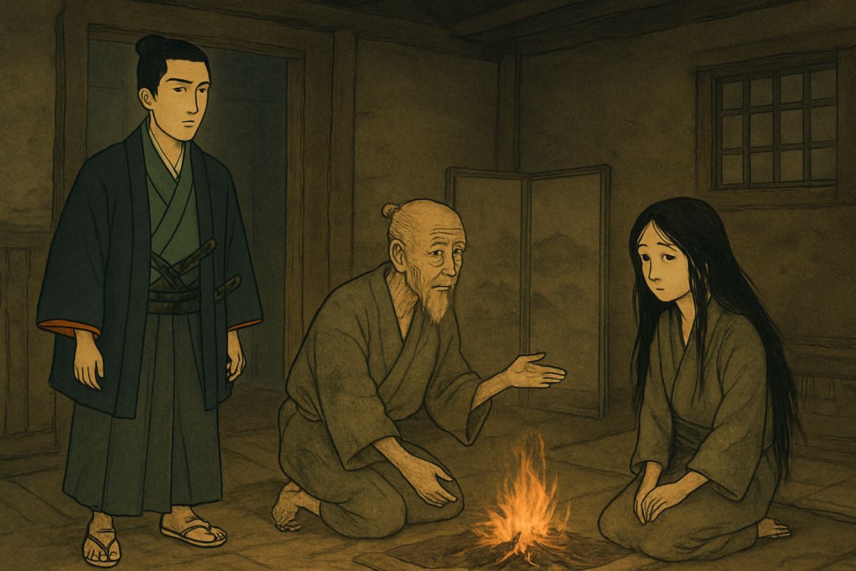 Inside, an old man and a girl sat warming themselves by a fire of bamboo splints. Tomotada was amazed: though her clothes were ragged and her long hair was tangled, the girl was extremely beautiful.
